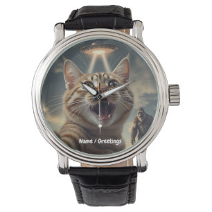 Cat Taking Selfie with UFO and Bigfoot Funny Gift Watch