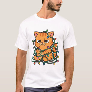 Cat Tangled Christmas Lights Funny Holiday Art T-Shirt