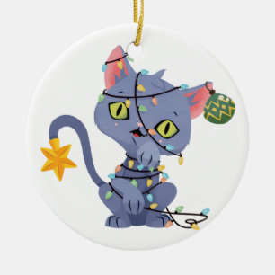 Cat Tangled in Christmas Lights Ceramic Ornament
