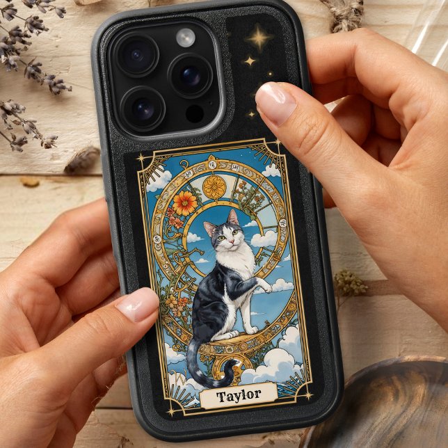 Cat Tarot Card Personalized iPhone 16 Pro Case (Cat tarot iPhone 16 pro case, with Wheel of fortune card and tuxedo cat in Art Nouveau style.)