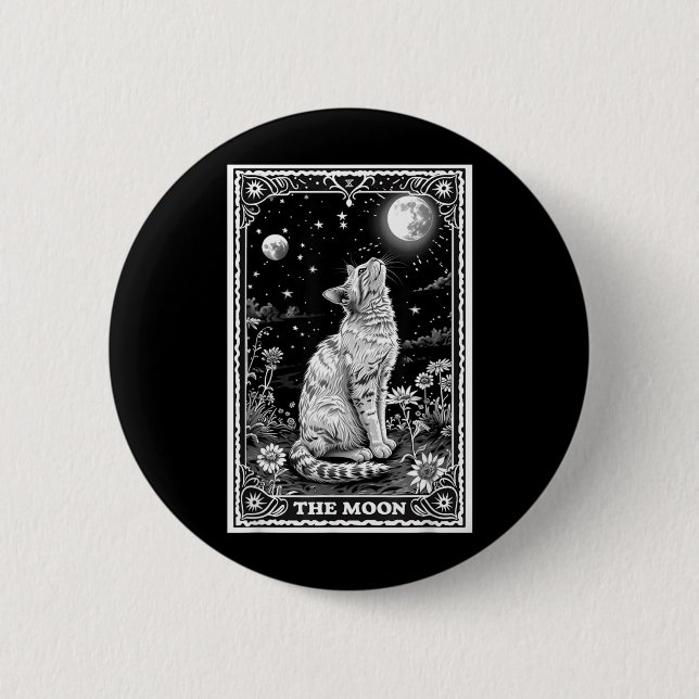 Cat Tarot Card Witchy Moon Hat Halloween Black Button (Front)