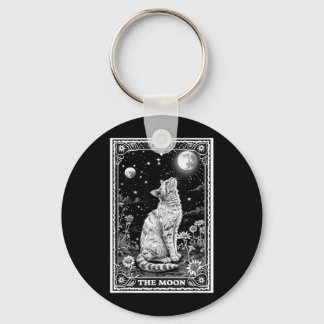 Cat Tarot Card Witchy Moon Hat Halloween Black Keychain