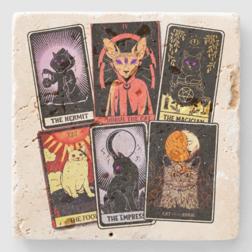 Cat Tarot Cards__Halloween Empress Hermit Fool Stone Coaster