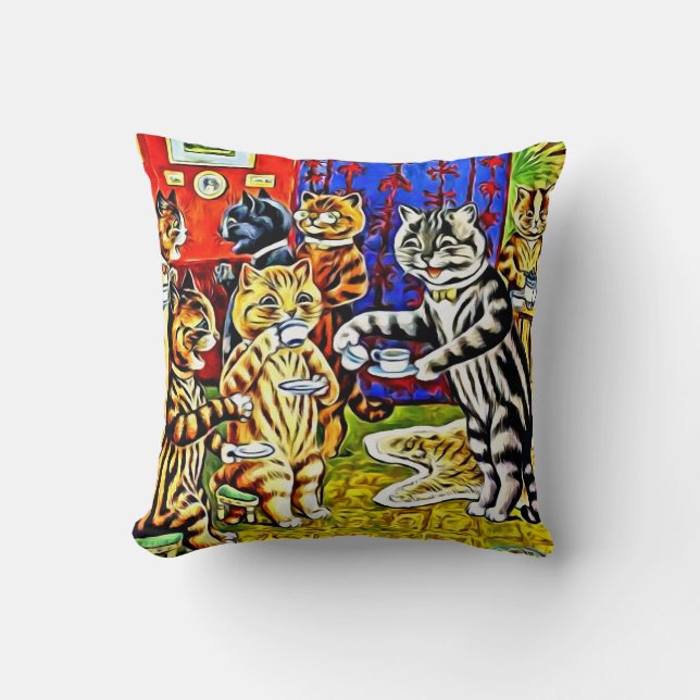 "Cat Tea Party" Stylized Louis Wain Cats Pillow (Front)