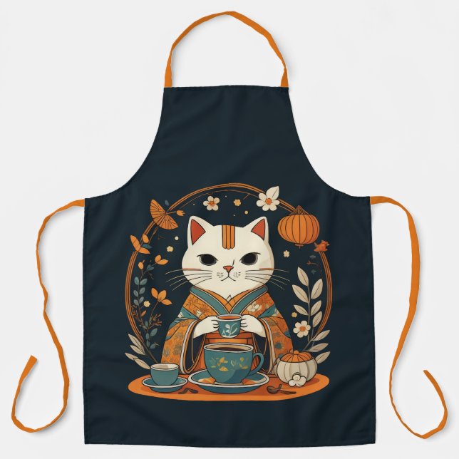 Cat Tea Time Japanese Apron (Front)