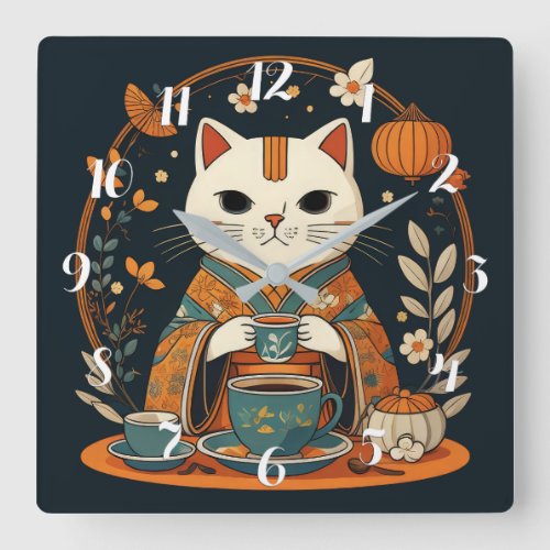 Cat Tea Time Japanese Square Wall Clock