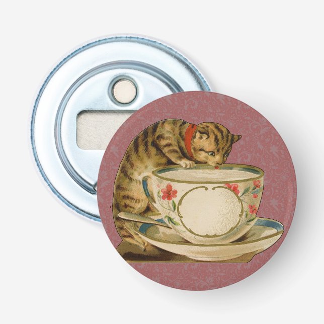 Cat Teacup Cute Vintage Victorian Bottle Opener (Front)