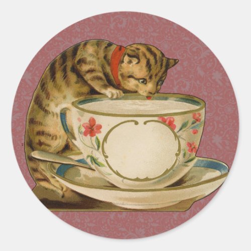 Cat Teacup Cute Vintage Victorian Classic Round Sticker
