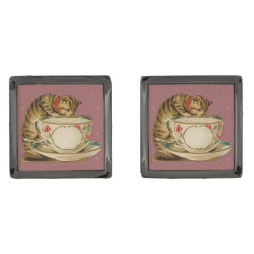 Cat Teacup Cute Vintage Victorian Cufflinks