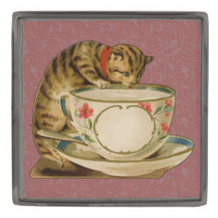 Cat Teacup Cute Vintage Victorian Gunmetal Finish Lapel Pin