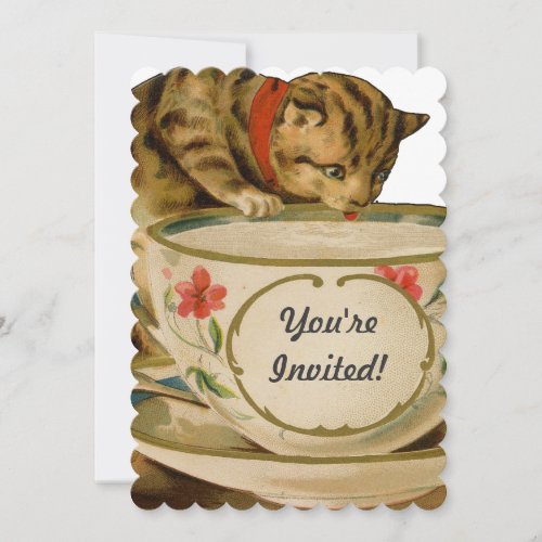 Cat Teacup Cute Vintage Victorian Invitation