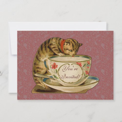 Cat Teacup Cute Vintage Victorian Invitation