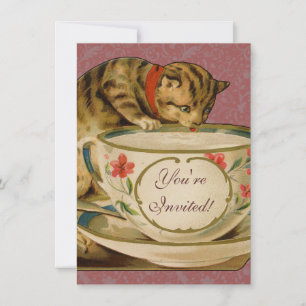 Cat Teacup Cute Vintage Victorian Invitation