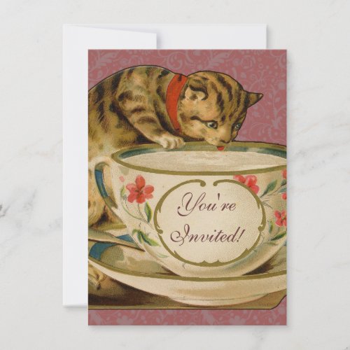 Cat Teacup Cute Vintage Victorian Invitation