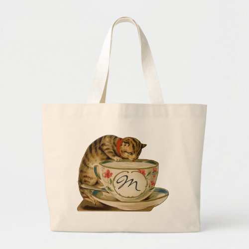 Cat Teacup Cute Vintage Victorian Large Tote Bag