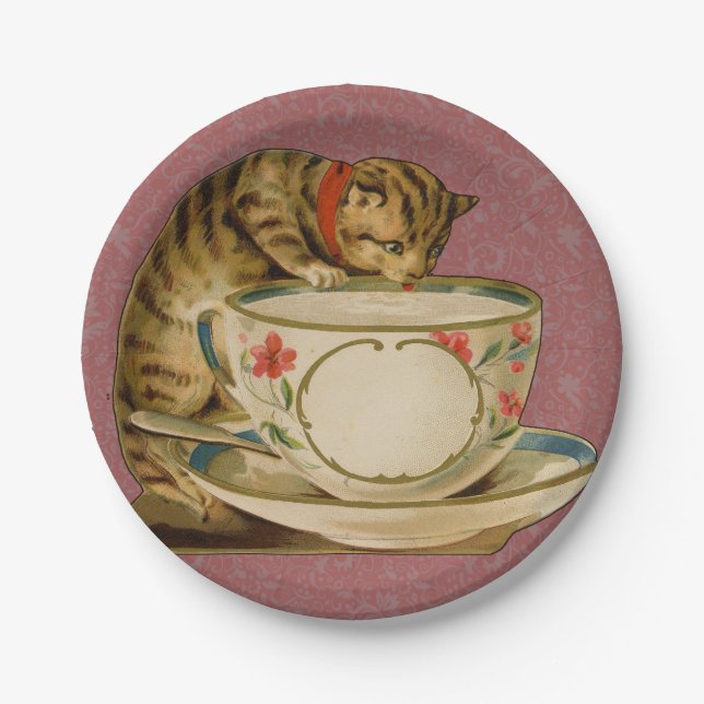 Cat Teacup Cute Vintage Victorian Paper Plates (Front)