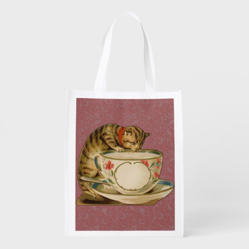 Cat Teacup Cute Vintage Victorian Reusable Grocery Bag