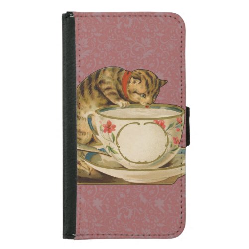 Cat Teacup Cute Vintage Victorian Wallet Phone Case For Samsung Galaxy S5