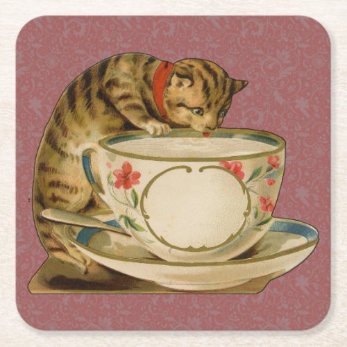 Cat Teacup Cute Vintage Victorian Square Paper Coaster