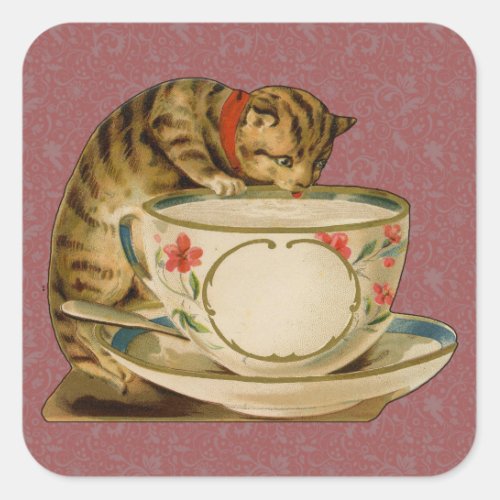 Cat Teacup Cute Vintage Victorian Square Sticker