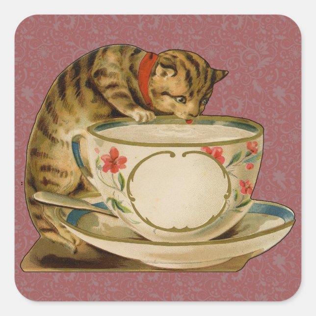 Cat Teacup Cute Vintage Victorian Square Sticker (Front)