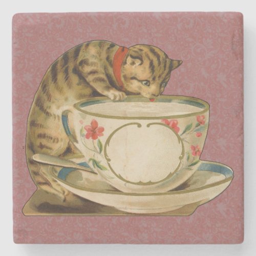 Cat Teacup Cute Vintage Victorian Stone Coaster