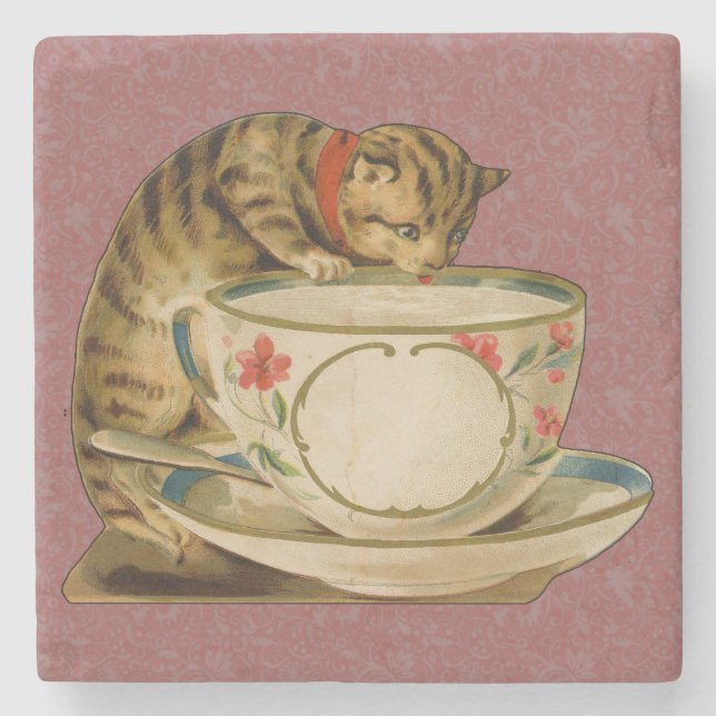 Cat Teacup Cute Vintage Victorian Stone Coaster (Front)