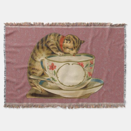 Cat Teacup Cute Vintage Victorian Throw Blanket