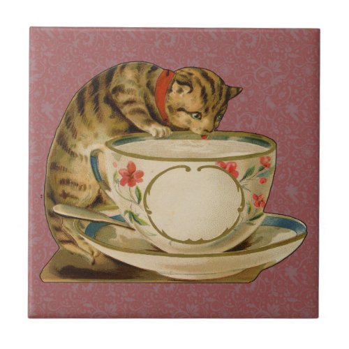 Cat Teacup Cute Vintage Victorian Tile