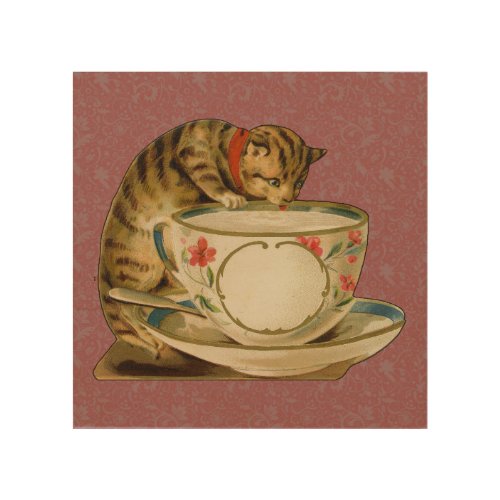 Cat Teacup Cute Vintage Victorian Wood Wall Art