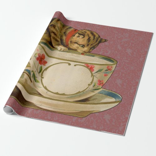 Cat Teacup Cute Vintage Victorian Wrapping Paper