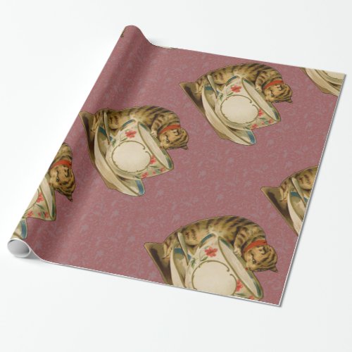 Cat Teacup Cute Vintage Victorian Wrapping Paper