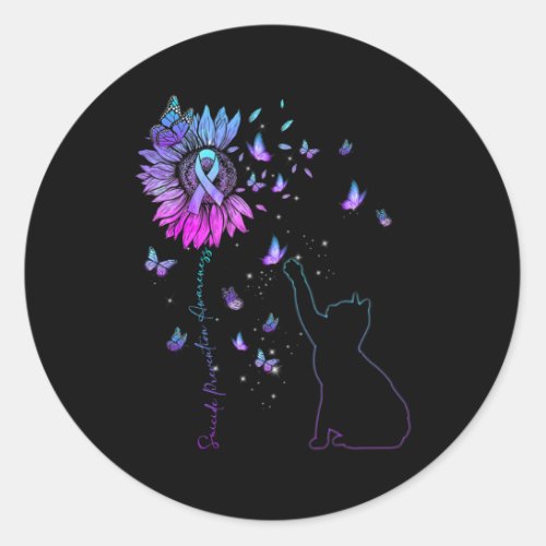 Cat Teal And Purple Ribbon Suicide Awareness  Classic Round Sticker