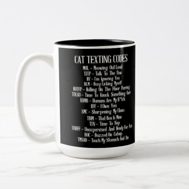 Cat Texting Codes Humor Two-Tone Coffee Mug (Left)