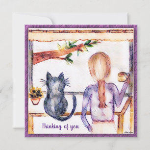 Cat Thank you card custom painting Girl at window
