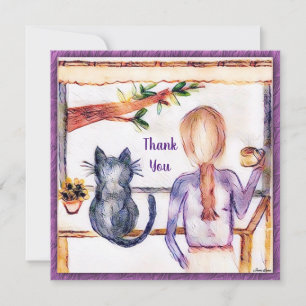 Cat Thank you card custom painting Girl at window