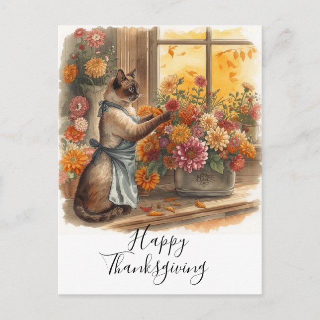 Cat Thanksgiving Fall themed for Cat Lovers  Holiday Postcard (Front)