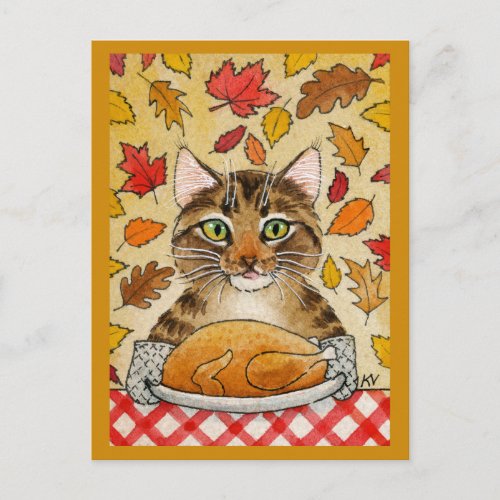 Cat Thanksgiving Turkey Dinner Fall Leaves Postcard