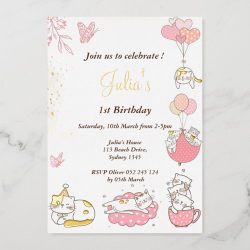 Cat theme baby girl 1st birthday  foil invitation