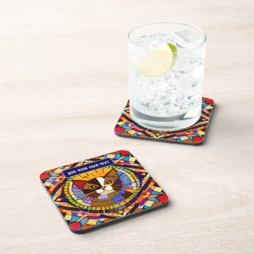 Cat Theme Mosaic _ your own text _ colorful tiles Beverage Coaster