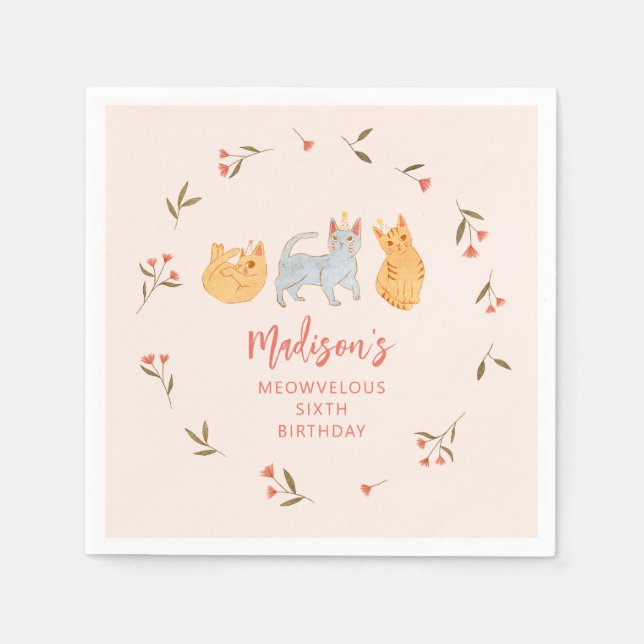 Cat Theme Pink Birthday Party Napkins (Front)