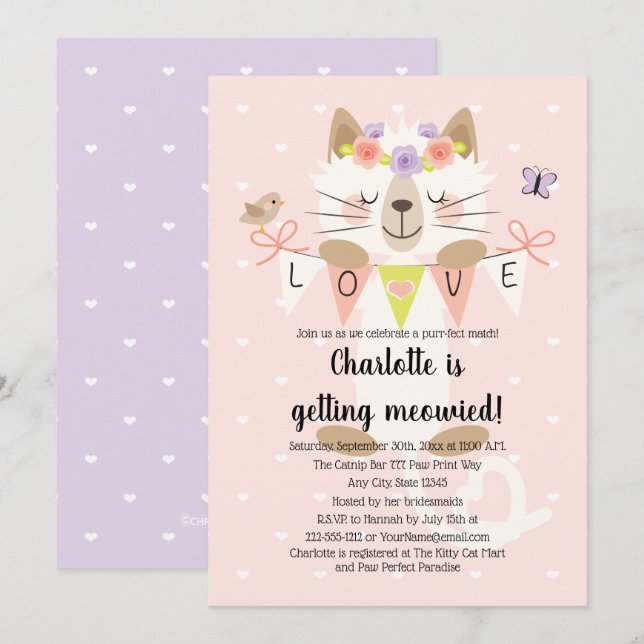 Cat Themed Bridal Shower Invitations Floral Boho (Front/Back)