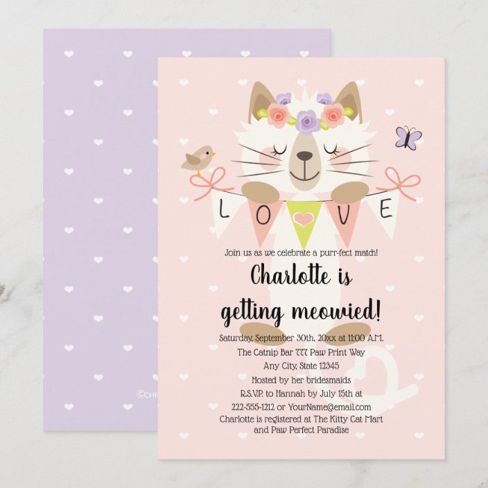 Cat Themed Bridal Shower Invitations Floral Boho | Zazzle.com