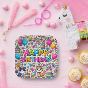 Cat-Themed Happy Birthday Paper Plates 