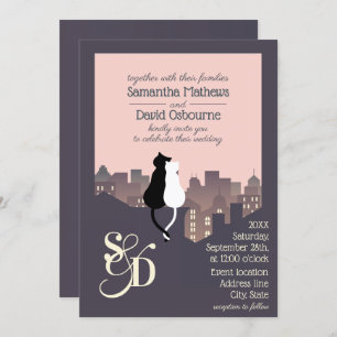 Cat themed monogram wedding design invitation