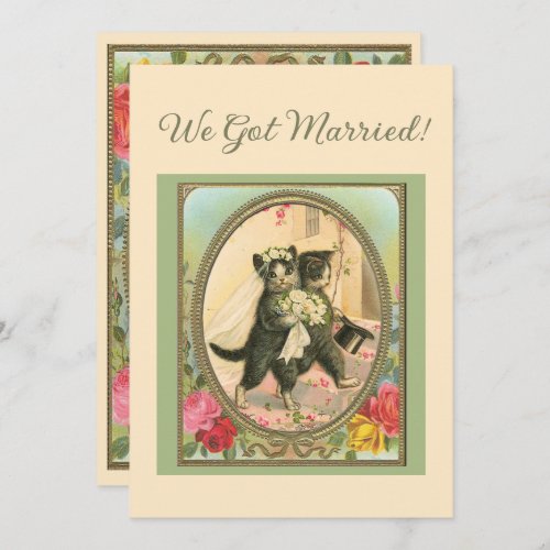 Cat Themed Wedding annoucement Ivory and green Invitation