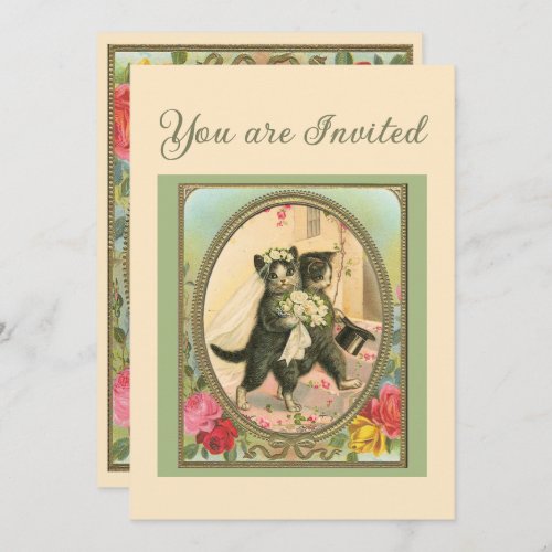 Cat Themed Wedding Ivory and green Invitation