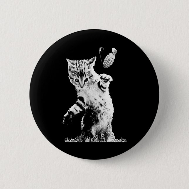 Cat Throwing Grenade Funny Kitty Cat Grenade Scene Button (Front)