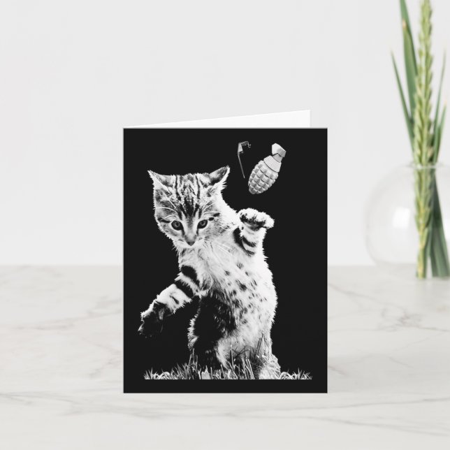 Cat Throwing Grenade Funny Kitty Cat Grenade Scene Card (Front)