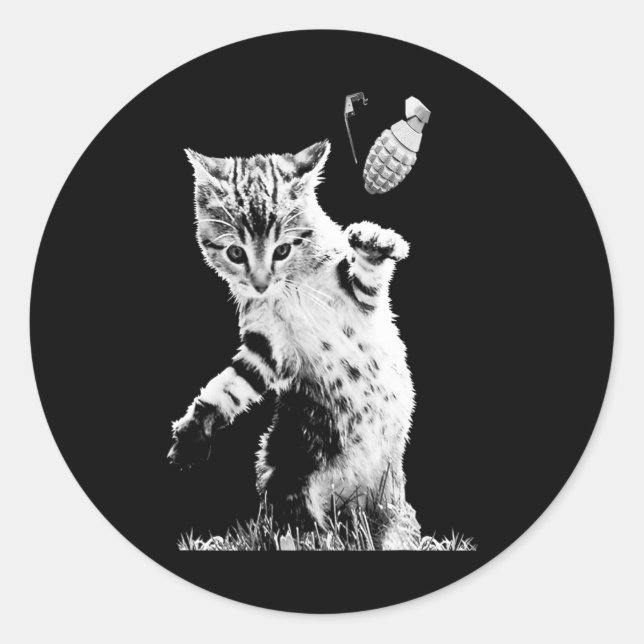 Cat Throwing Grenade Funny Kitty Cat Grenade Scene Classic Round Sticker (Front)